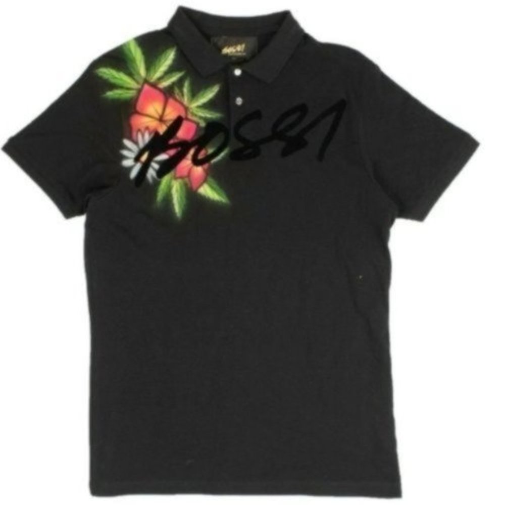 NWT BOSSI SPORTSWEAR  BLACK VELVET LOGO FLOWER AIRBRUSH POLO SHIRT